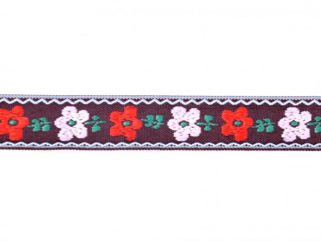 Ozdobná tkaná stuha v hnedej farbe s kvetmi 30132