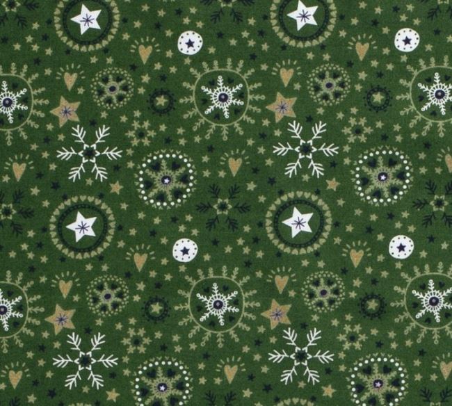 Vianočná látka z bavlny v zelenej farbe s potlačou hviezd 14714/025