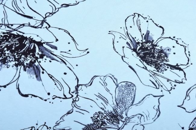 Viskozový úplet v mentolovej farbe s potlačou veľkých čiernych kvetín 4310/021