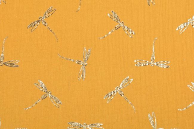 Mušelín v okrovej farbe s potlačou zlatých vážok 181418