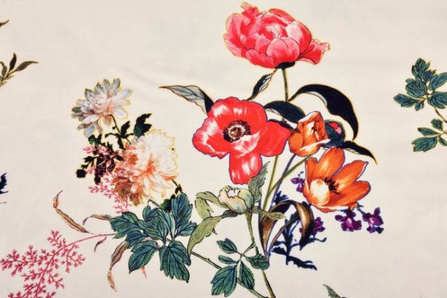 Strečová bavlna v smotanovej farbe s kvetmi 15702/020