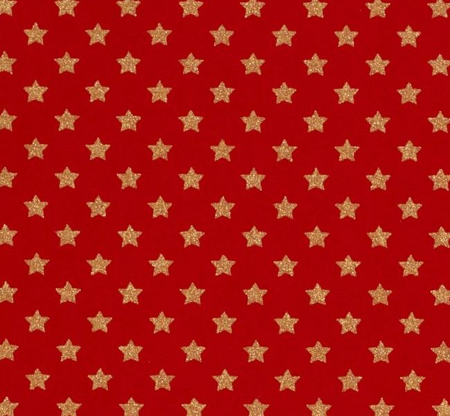 Vianočná látka z bavlny v červenej farbe s potlačou zlatých hviezdičiek 20704/015