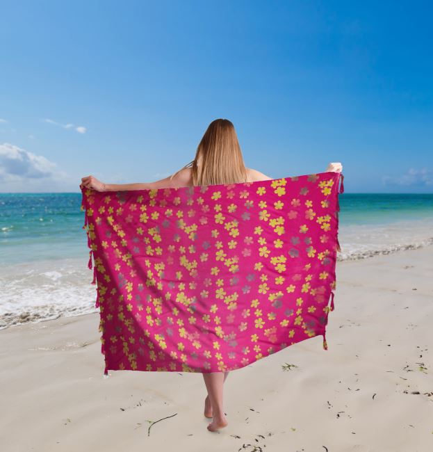 Pareo/sarong z Bali s kokosovou sponou v ružovej farbe s potlačou kvetín BALI38