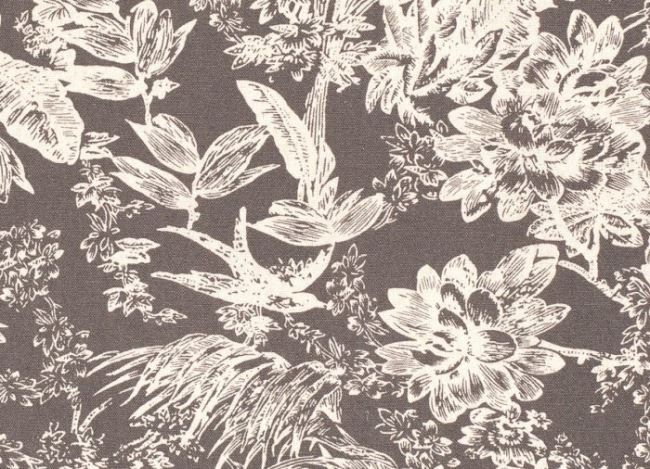 Viskózová látka s prímesou ľanu hnedo šedej farby s kvetmi 15234/054