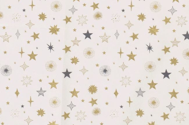 Vianočná látka z bavlny v smotanovej farbe s potlačou hviezd 16708/051
