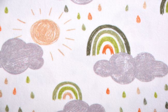 Bavlnený úplet v smotanovej farbe s potlačou dúhy a slnka 184820