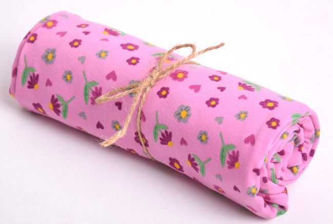 Rolka bavlneného úpletu v ružovej farbe s potlačou kvetov RO17684/012