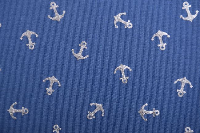 Bavlnený úplet modrej farbe s potlačou strieborných kotvičiek 16516/006