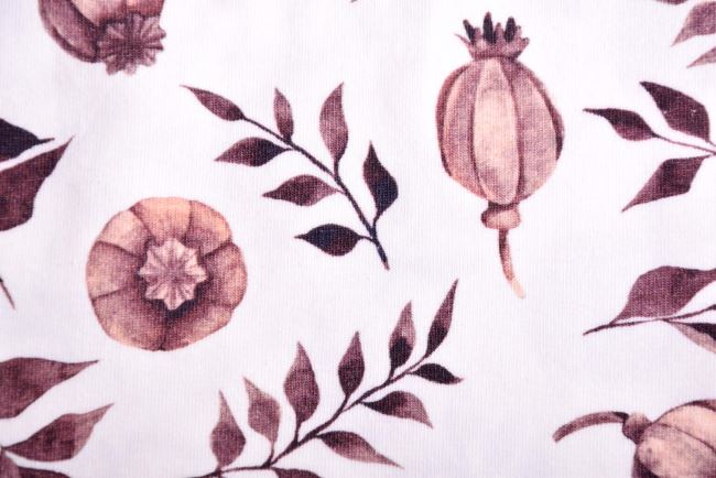 Bavlnený úplet v smotanovej farbe s digitálnou jesennou potlačou 186577