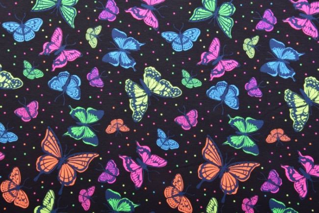 Bavlnený úplet s potlačou motýlikov a bodiek v neónových farbách KC8281-269