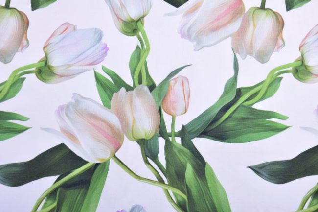 Bavlnený úplet v bielej farbe s digitálnou potlačou tulipánov 13903-02