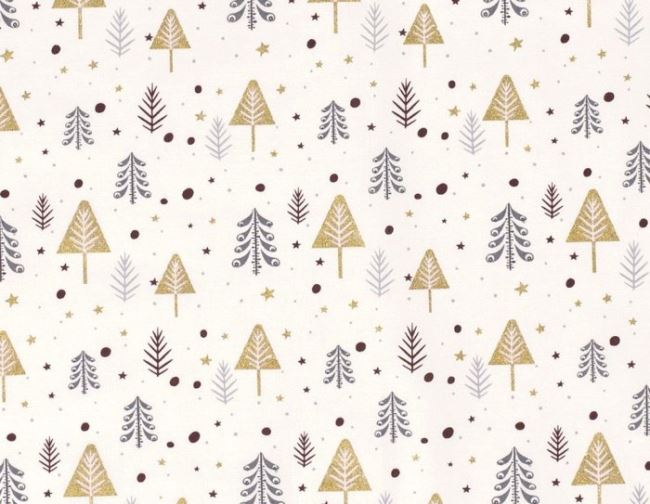 Vianočná látka z bavlny v smotanovej farbe s potlačou stromčekov 16711/051