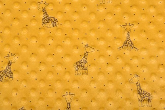 Minky fleece v horčičnej farbe s potlačou žiráf 15381/580