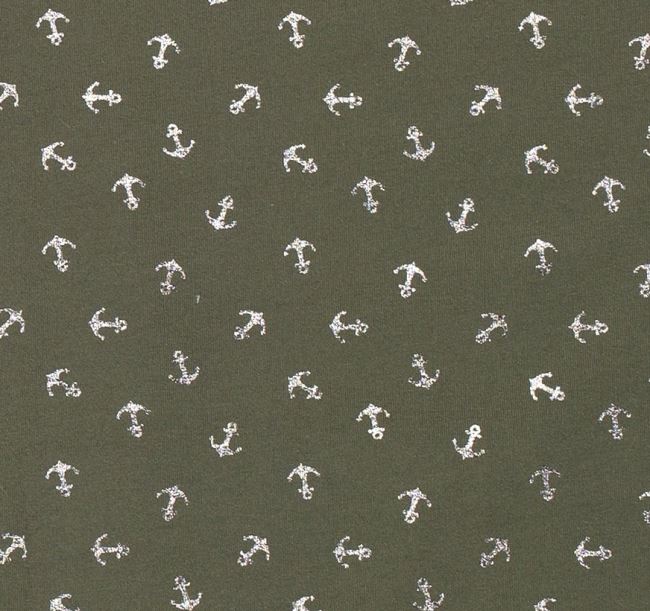 Bavlnený úplet v khaki farbe s fóliovou potlačou kotvičiek 16516/027