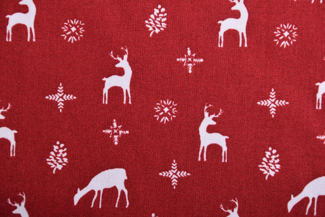Vianočná látka z bavlny v tmavo červenej farbe s potlačou jeleňov K15024-016D