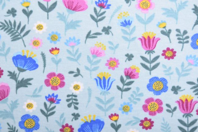 Bavlnený úplet v mentolovej farbe s potlačou kvetín 19583/021