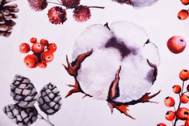 Bavlnený úplet v smotanovej farbe s jesennou digitálnou potlačou 186103