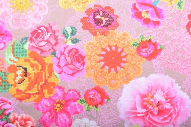 Bavlnený digitálny úplet v béžovej farbe s kvetmi 07810.002