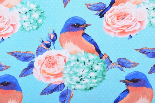 Bavlnený úplet v tyrkysovej farbe s digitálnou potlačou kvetín a vtáčikov 62325