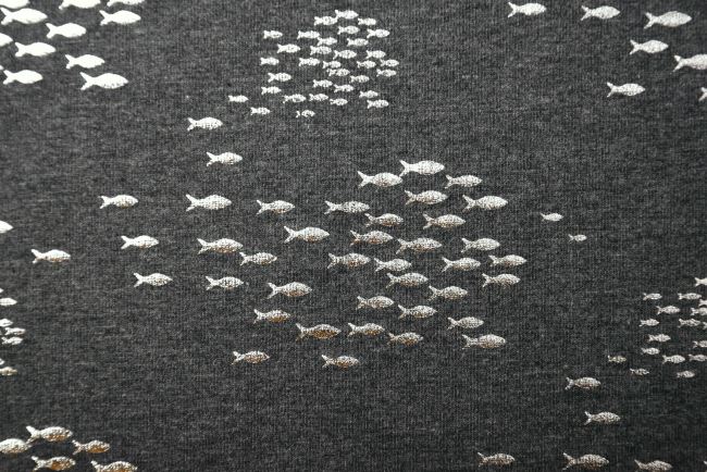 Bavlnený úplet v šedom melíre s fóliovou potlačou rybičiek 17499/068