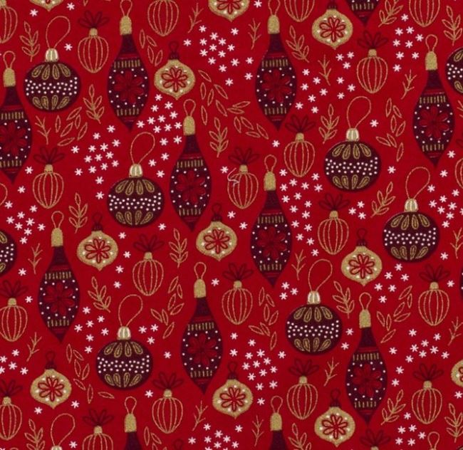Vianočná látka z bavlny v červenej farbe s potlačou ozdôb 14705/015