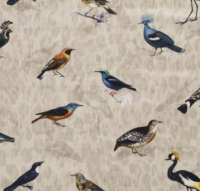 Dekoračná látka v režnej farbe s digitálnou potlačou vtákov 1495/052