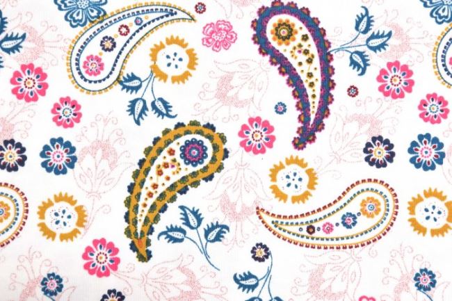 Bavlnený úplet v smotanovej farbe s folklórnymi kvetmi KC1480-051D