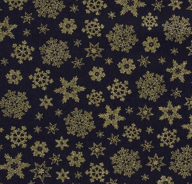 Vianočná látka z bavlny v modrej farbe s potlačou zlatých snehových vločiek 20708/008