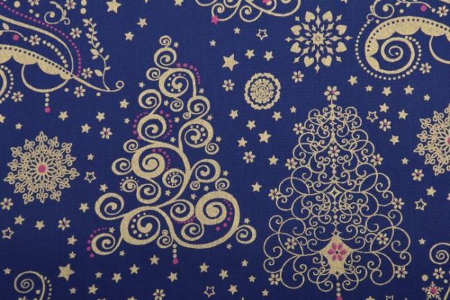 Vianočná látka z bavlny v tmavo modrej farbe s ornamentmi 12706/008
