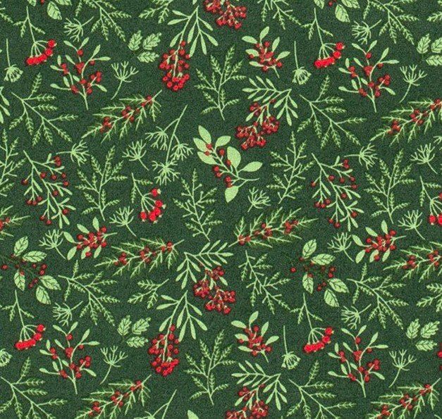 Vianočná látka z bavlny v zelenej farbe s potlačou vetvičiek 16723/028