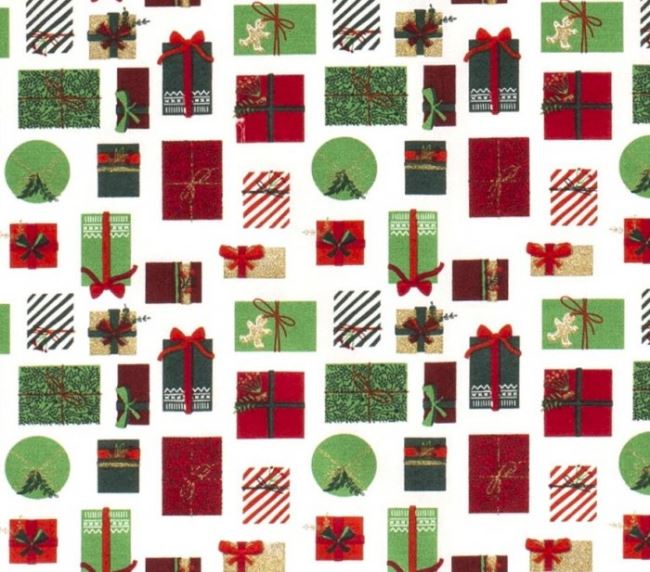 Vianočná látka z bavlny v smotanovej farbe s potlačou darčekov 16721/051