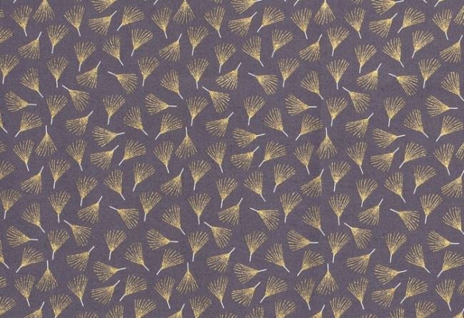 Vianočná látka z bavlny v šedej farbe s potlačou zlatých vetvičiek 16706/061