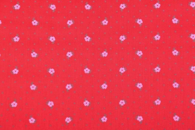 Bavlnené leské plátno v červenej farbe s kvetmi TM2001-092
