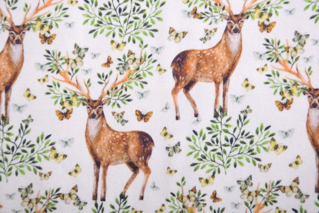 Bavlnený úplet v smotanovej farbe s digitálnou potlačou lesných zvierat 184838