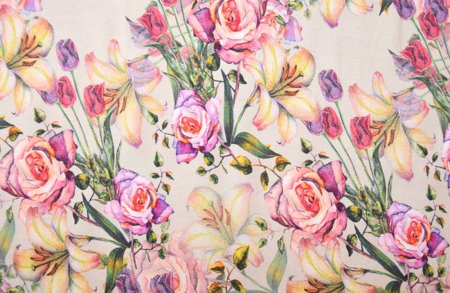 Bavlnený úplet v béžovej farbe s digitálnou potlačou kvetín S1458R-187708