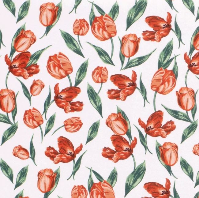 Popelín v bielej farbe s potlačou červených tulipánov 19749/050