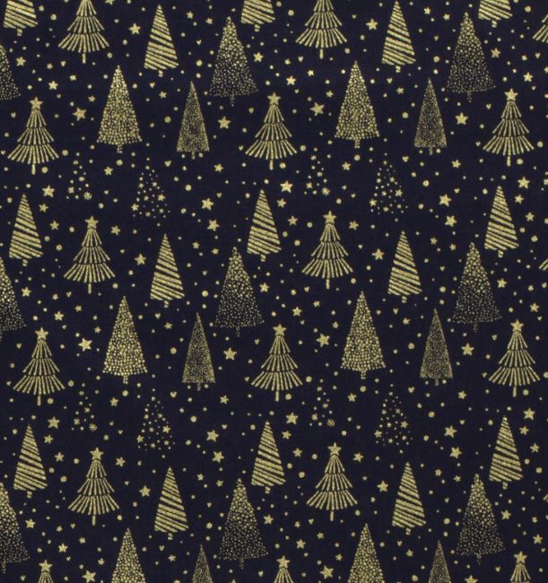 Vianočná látka z bavlny v modrej farbe s potlačou zlatých stromov 20710/008