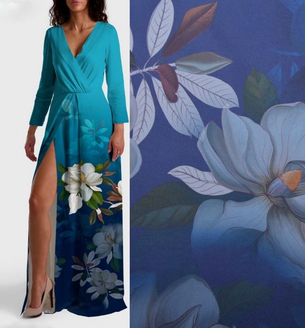 Satén Armani v modrej farbe s digitálnou potlačou kvetín CS10189B3