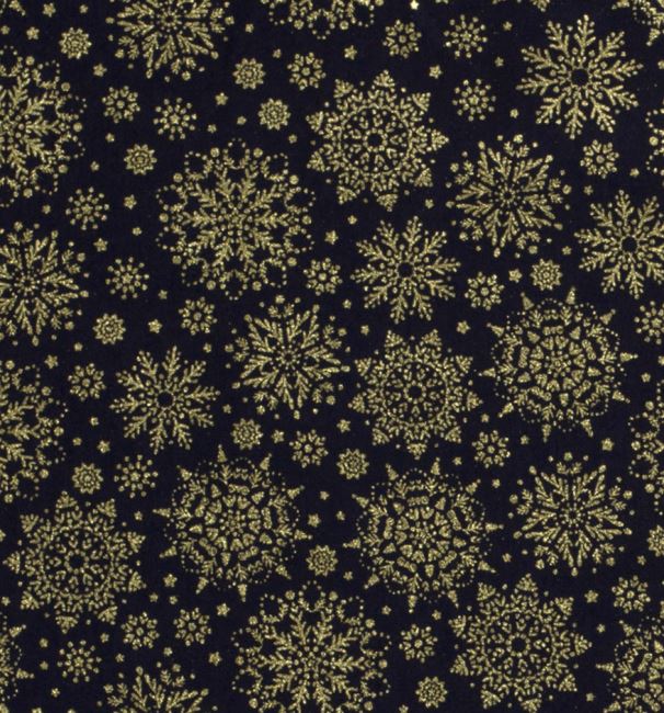 Vianočná látka z bavlny v modrej farbe s potlačou zlatých snehových vločiek 20712/008