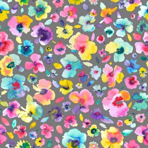 Teplákovina French Terry v šedej farbe s digitálnou potlačou kvetín 06685.002