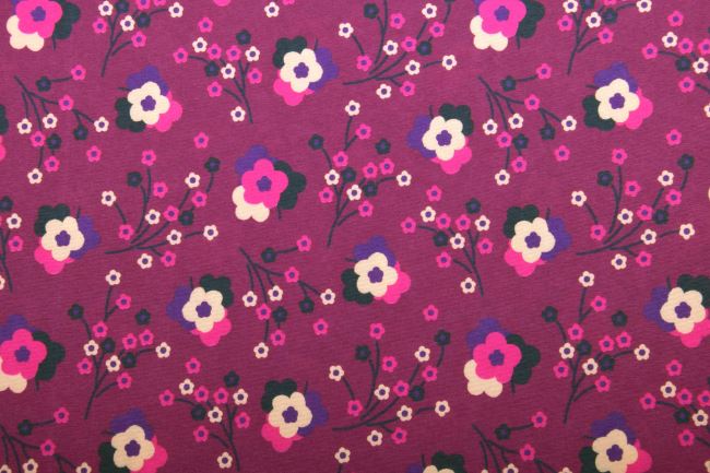 Látka na bundy vo fialovej farbe s potlačou kvetín TF202