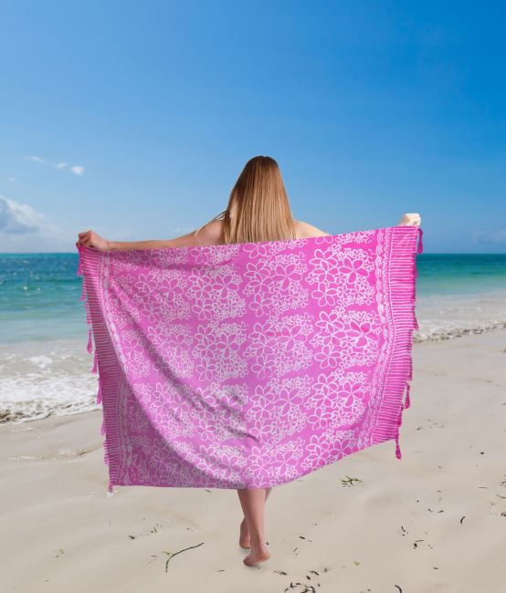 Pareo/sarong z Bali s kokosovou sponou v ružovej farbe s potlačou kvetinový BALI68