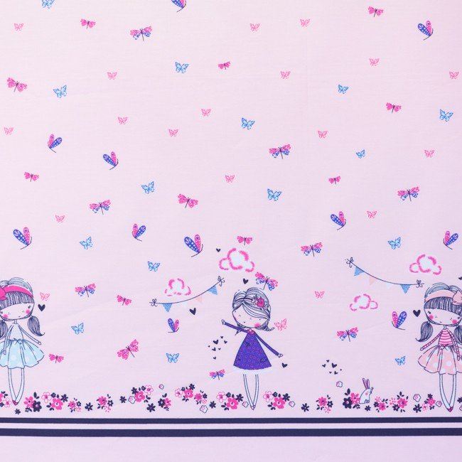 Bavlnená látka v ružovej farbe s potlačou dievčatiek a motýľov 61700