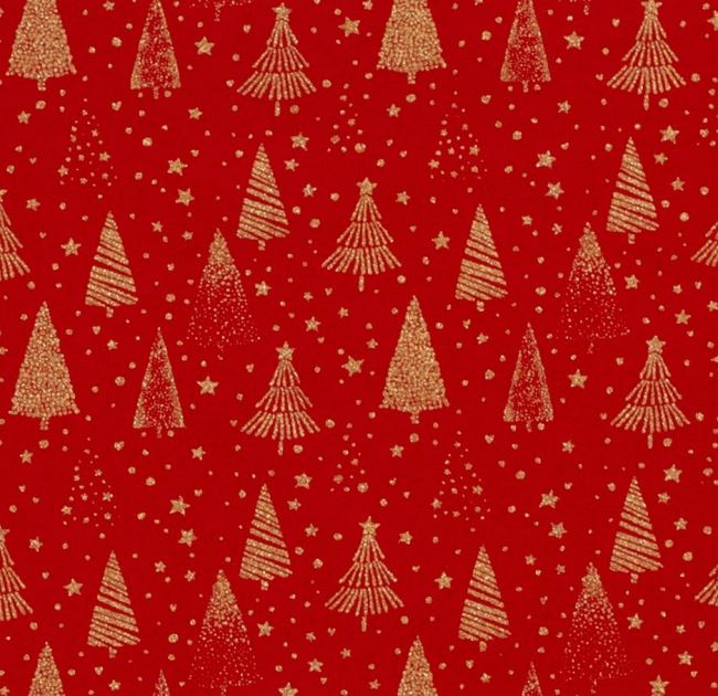 Vianočná látka z bavlny v červenej farbe s potlačou zlatých stromov 20710/015