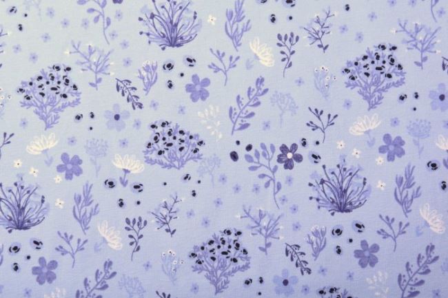 Bavlnený úplet vo svetlo fialovej farbe s potlačou lúčnych kvetov 11697/043