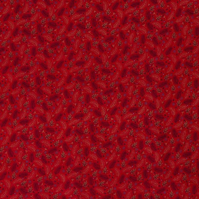 Vianočná látka z bavlny v červenej farbe s potlačou vetiviek 14708/015