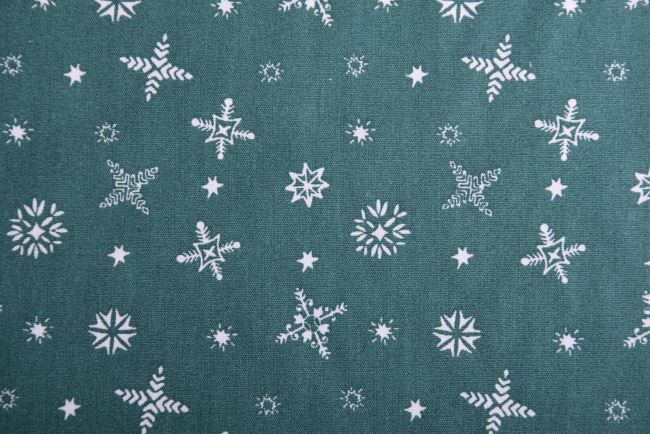 Vianočná látka z bavlny v zelenej farbe s potlačou snehových vločiek K15026-025D