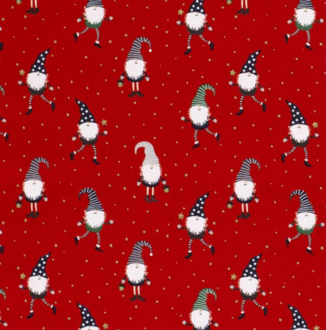Vianočná látka z bavlny v červenej farbe s potlačou škriatka 20732/015
