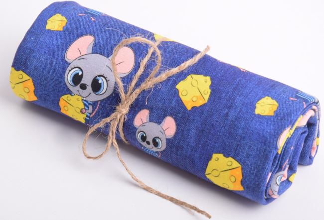Rolička bavlneného úpletu v modrej farbe s digitálnou potlačou myší so syrom RO15672/008