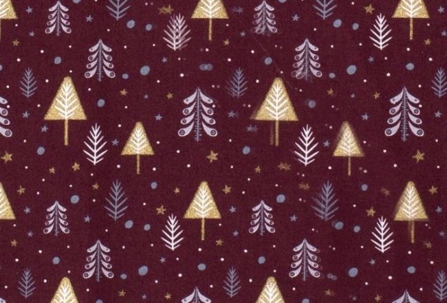 Vianočná látka z bavlny vo vínovej farbe s potlačou stromčekov 16711/018